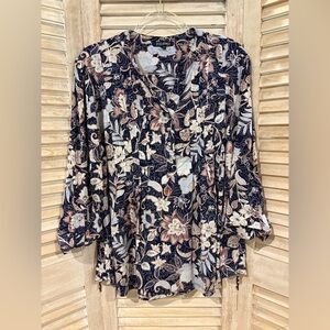 Roz & Ali Floral Print Blouse in Navy and Cream